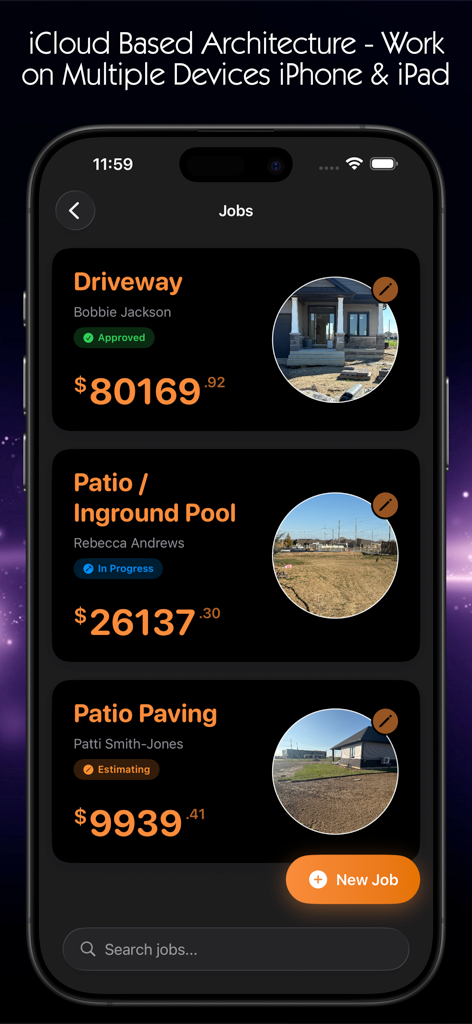 Paving Estimator - The Paving Estimator app interface displaying a list of active landscaping jobs with project photos and estimate totals.