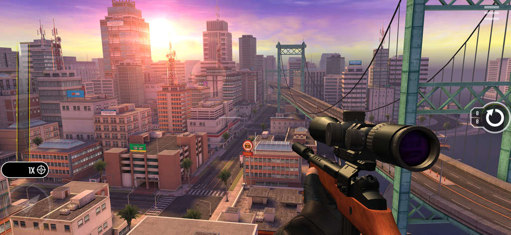 First person view of a sniper rifle overlooking a city at sunset in Pure Sniper game