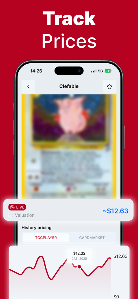 TCG Card Value Scanner - DEX - A mobile interface showing the price tracking feature for a trading card with a valuation graph and live market prices