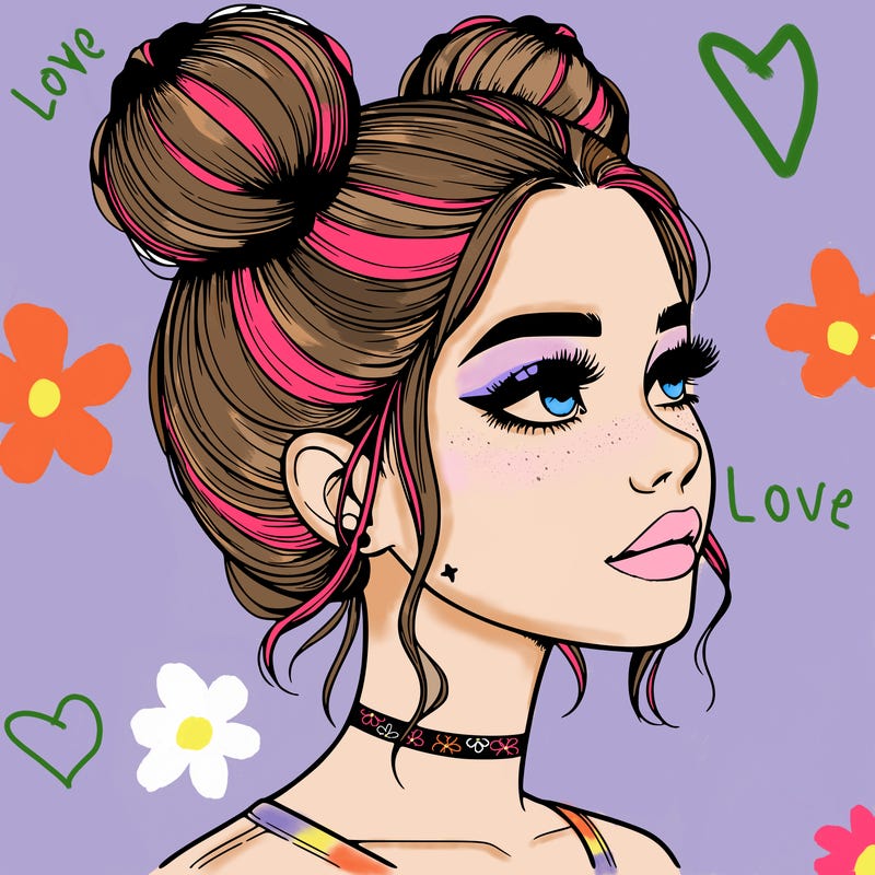 realistic girl with buns on the top of her head