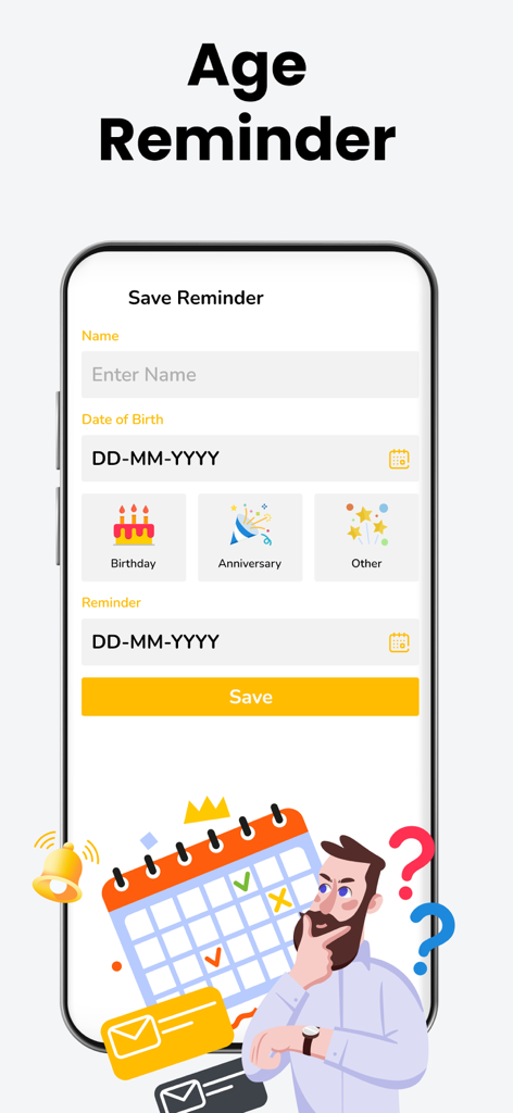Age Calculator - Date of Birth - Interface to save birthday and anniversary reminders in the Age Calculator app