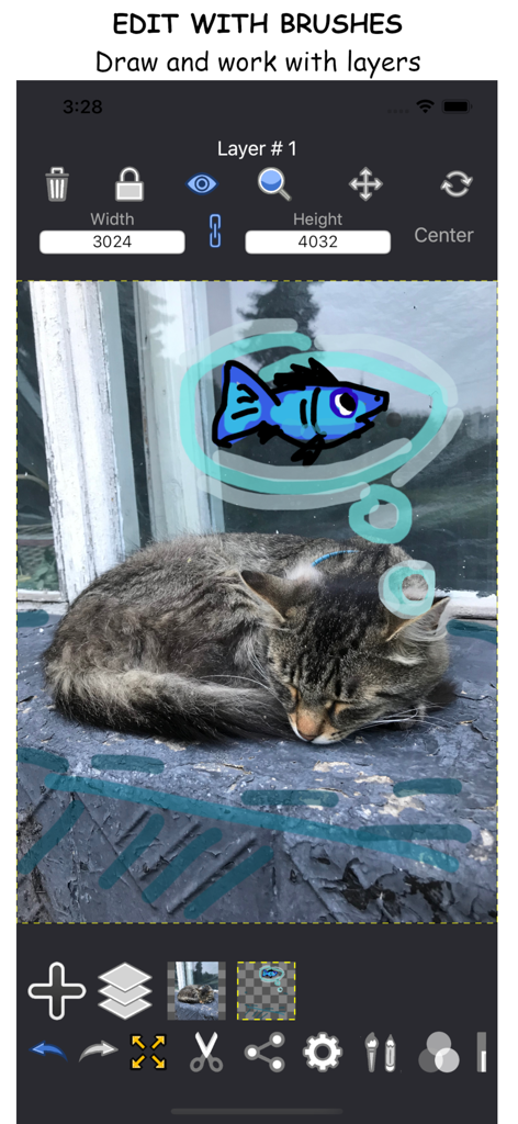 MixArt Photo Editor - MixArt photo editor interface showing a drawing of a fish over a sleeping cat using layers and brushes.