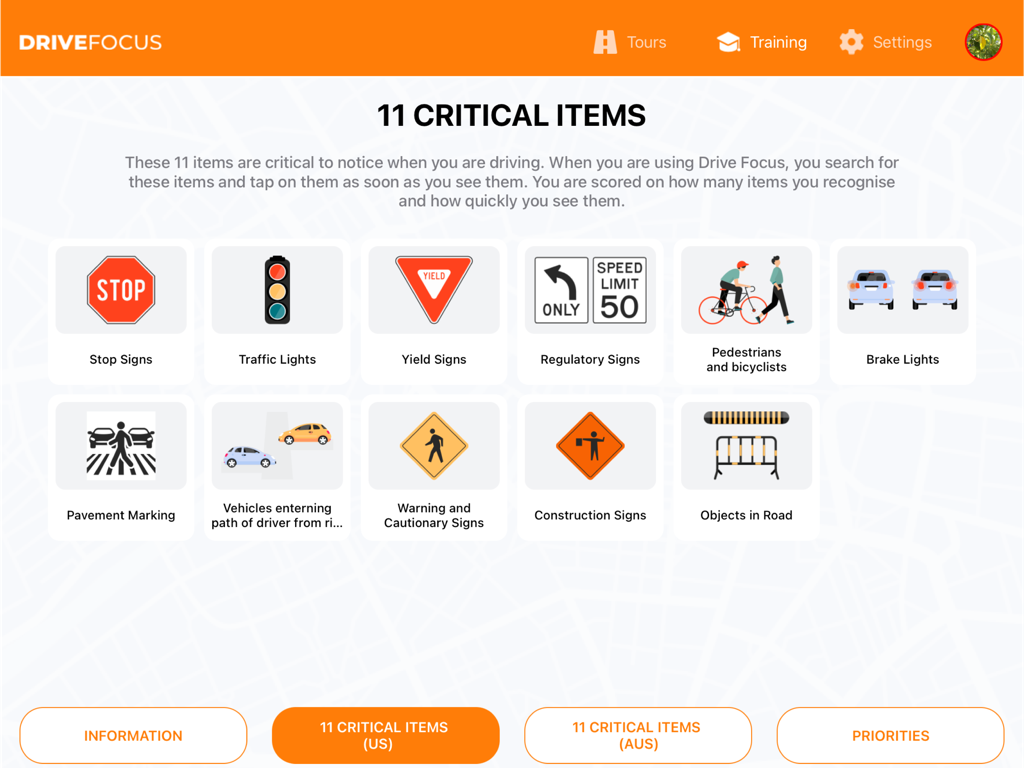 DriveFocus 2.0 - Educational dashboard in DriveFocus 2.0 showing eleven critical road hazards and signs for driver safety training.