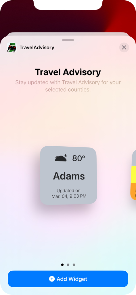 Travel Advisory - Interface for adding a Travel Advisory widget showing weather and status for Adams county in Indiana.