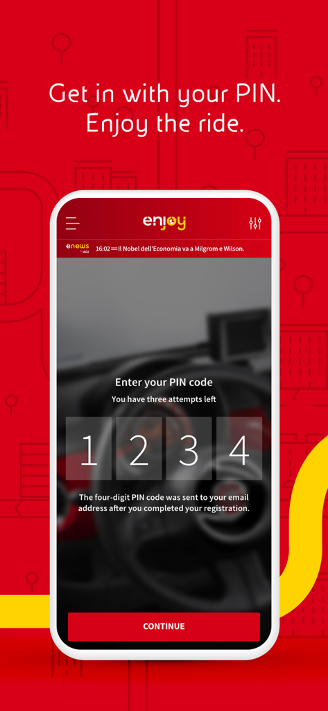 Interfaccia dell'app Enjoy vehicle sharing per l'inserimento di un codice PIN di sicurezza