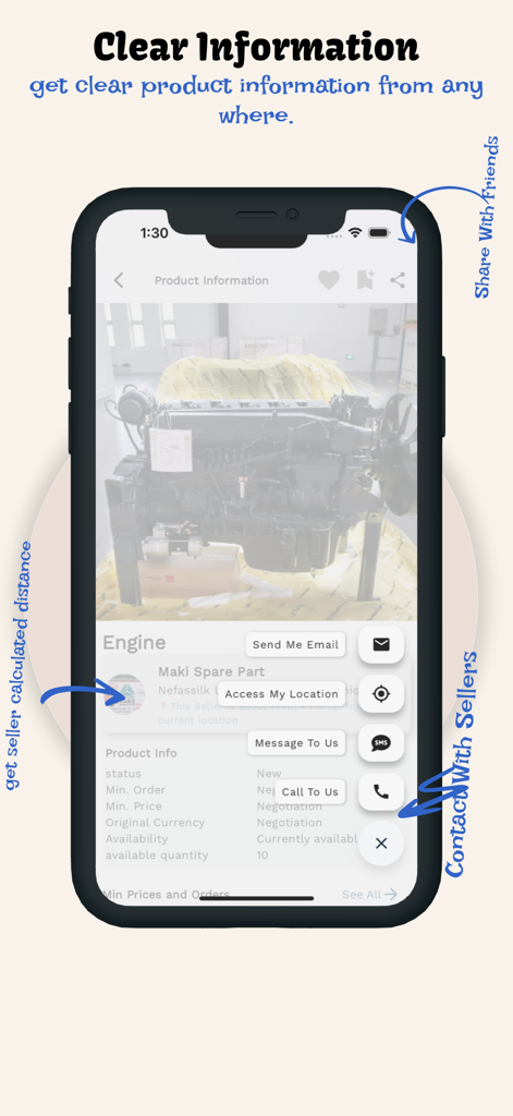 Ghioon B2B mobile app interface showing detailed product specifications for an engine and direct seller contact options