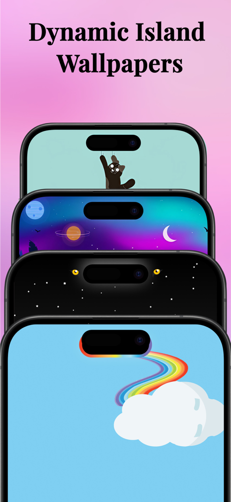 A collection of creative iPhone wallpapers designed to interact with the Dynamic Island featuring a cat, space, and rainbow themes.