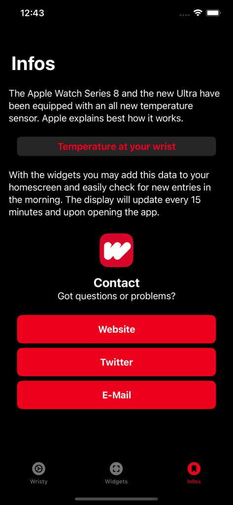 Wristy 앱 정보 화면, Apple Watch 온도 센서 통합 및 지원 연락처 버튼에 대한 세부 정보 표시