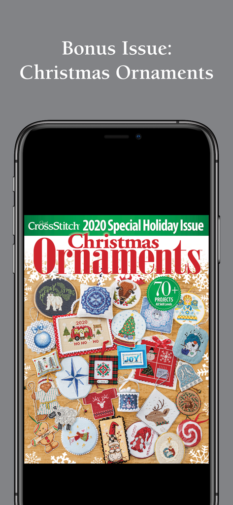 Just CrossStitch Christmas Ornaments special holiday issue cover with over seventy projects
