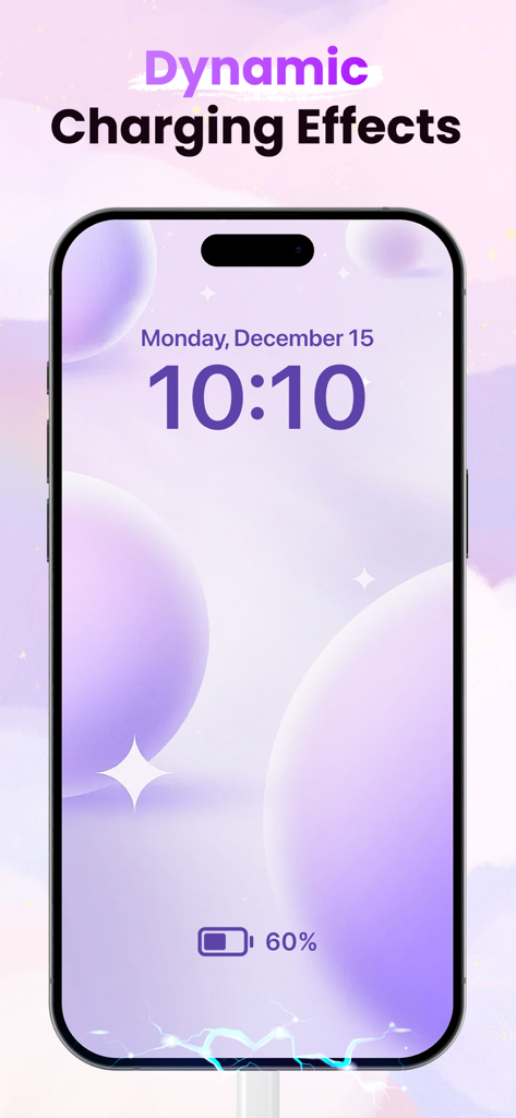 Pantalla de iPhone mostrando efectos de carga dinámicos morados con un tema estético de burbujas.