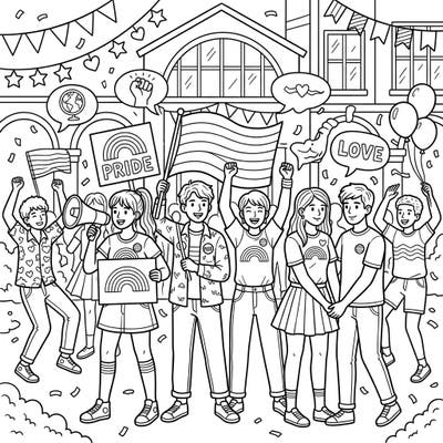 Immerse yourself in the vibrant spirit of Pride Month with this engaging coloring page featuring diverse high school students. This design celebrates love, acceptance, and community, perfect for inspiring creativity.