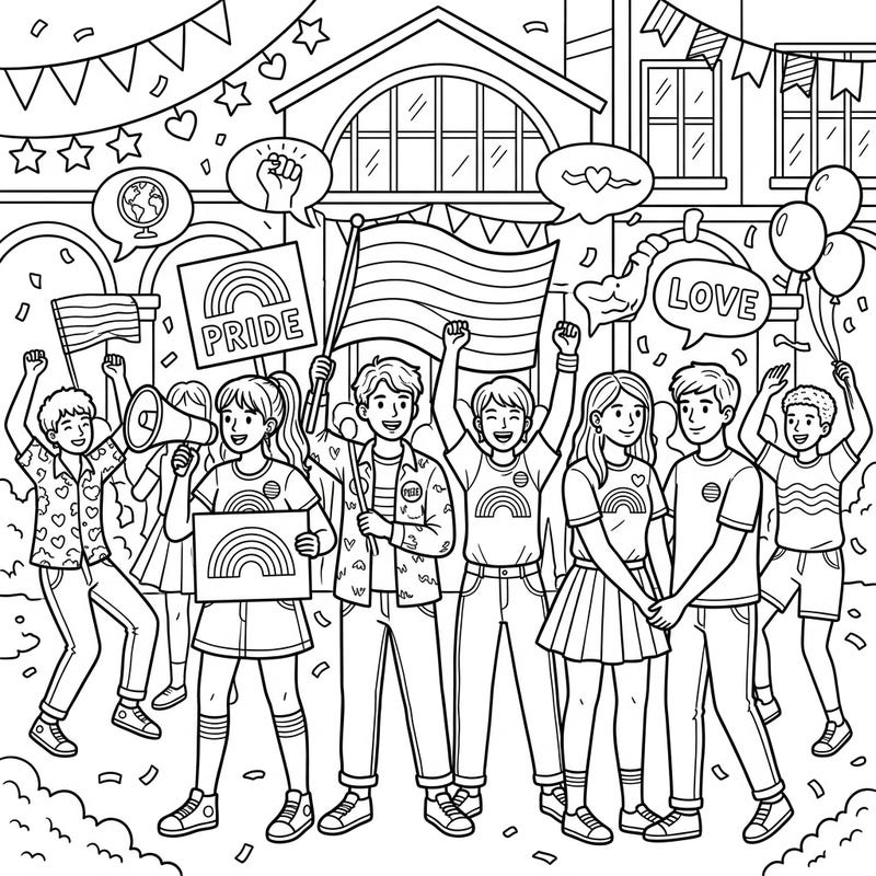 Immerse yourself in the vibrant spirit of Pride Month with this engaging coloring page featuring diverse high school students. This design celebrates love, acceptance, and community, perfect for inspiring creativity.
