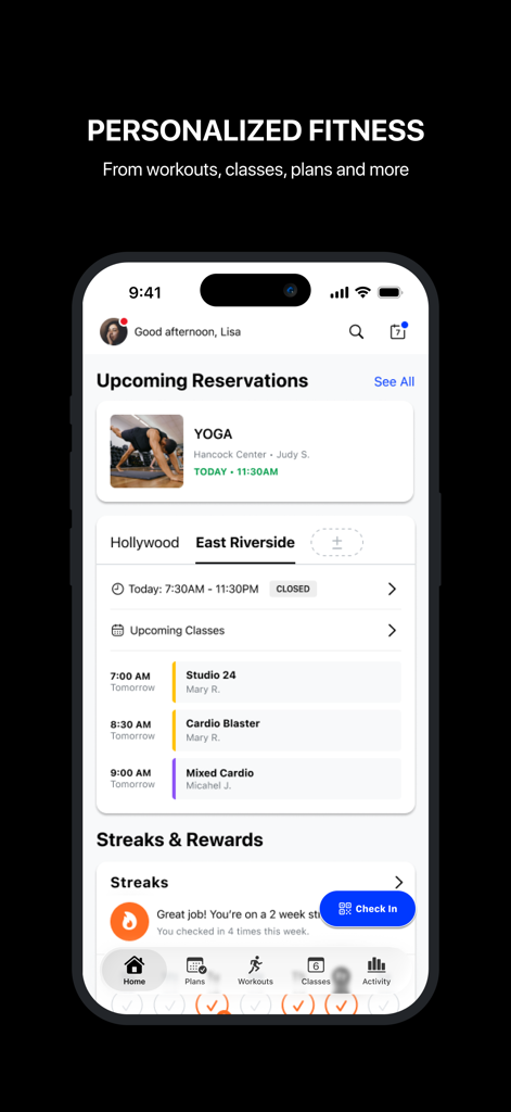 Smartphone screen showing 24GO app dashboard with yoga reservations and gym class schedules