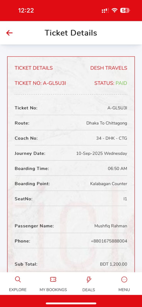 BDTICKETS - Digital bus ticket details in the BDTICKETS app showing route and passenger information