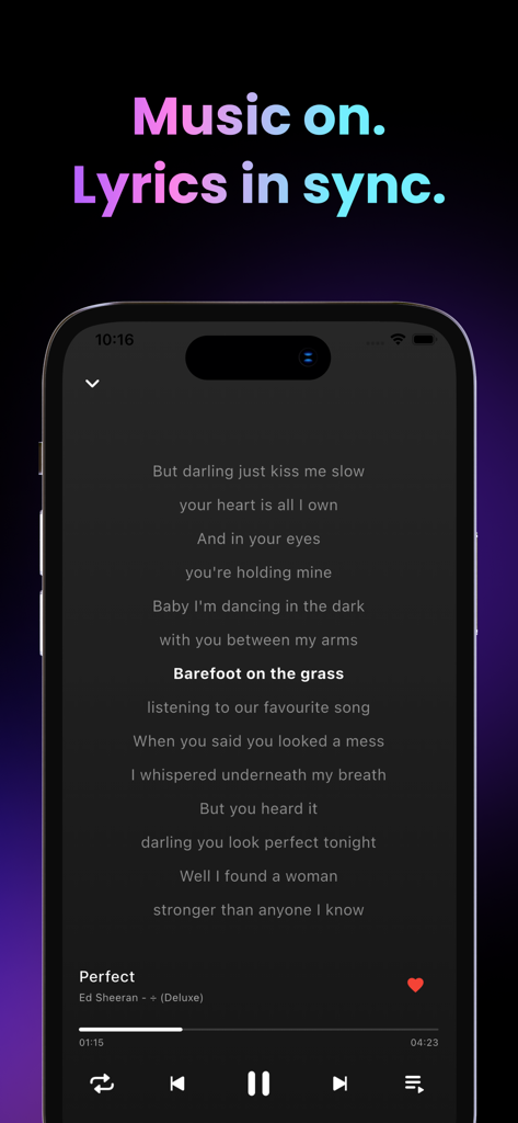 TuneFab Player - Interfaz móvil de TuneFab Player mostrando letras de música sincronizadas