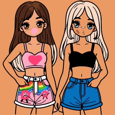 two sisters with crop tops and jean shorts and straight hair