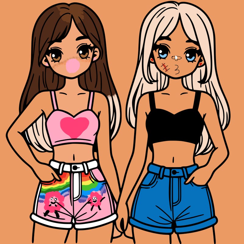 two sisters with crop tops and jean shorts and straight hair