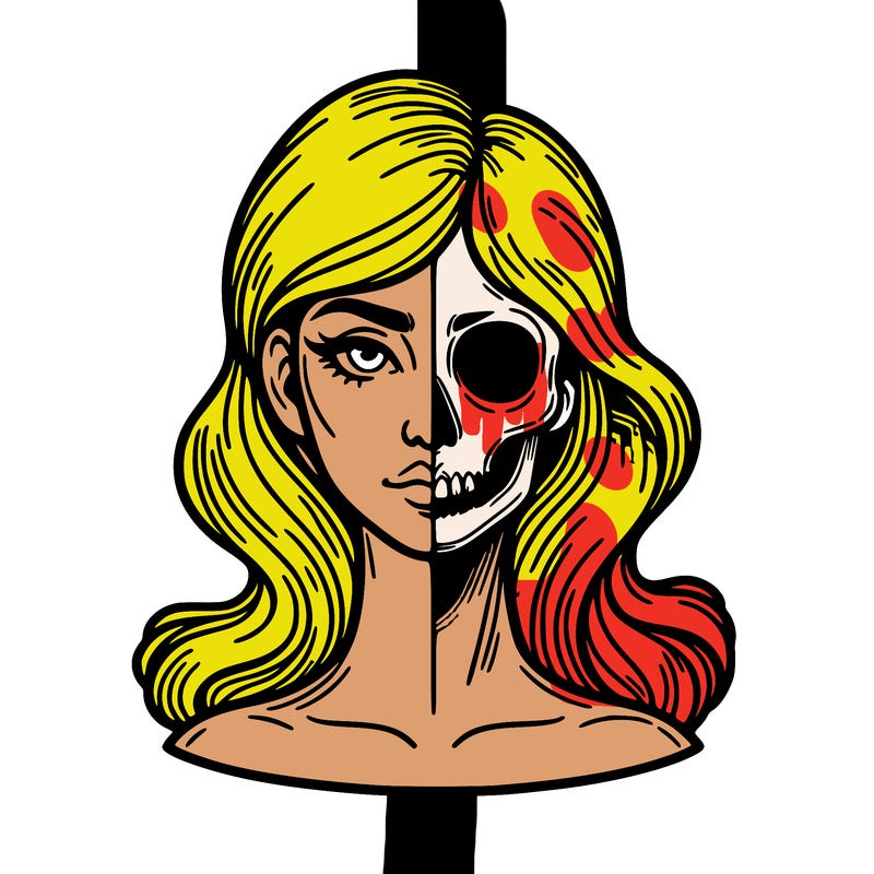 bust of a woman, half face and hair, half skull