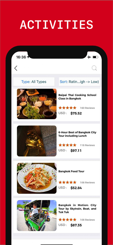 Bangkok Travel Guide . - Activities screen of the Bangkok Travel Guide app showing curated tours and cooking classes with prices and ratings.