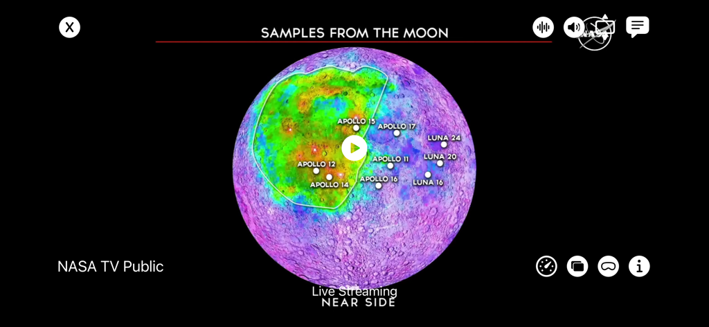 Tv-Box app video player interface showing a live NASA TV stream of a colorful moon map with landing site locations.