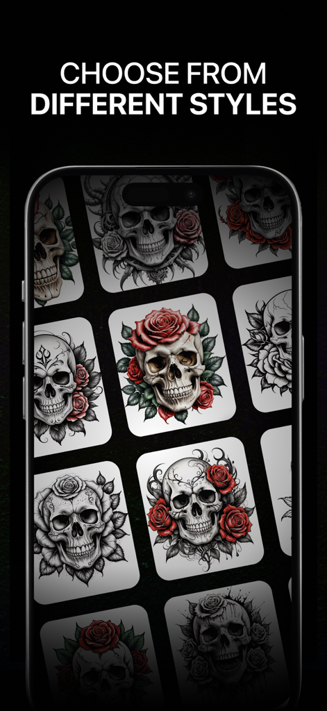 AI Tattoo Maker & Generator - A variety of skull and rose tattoo designs on a phone screen.