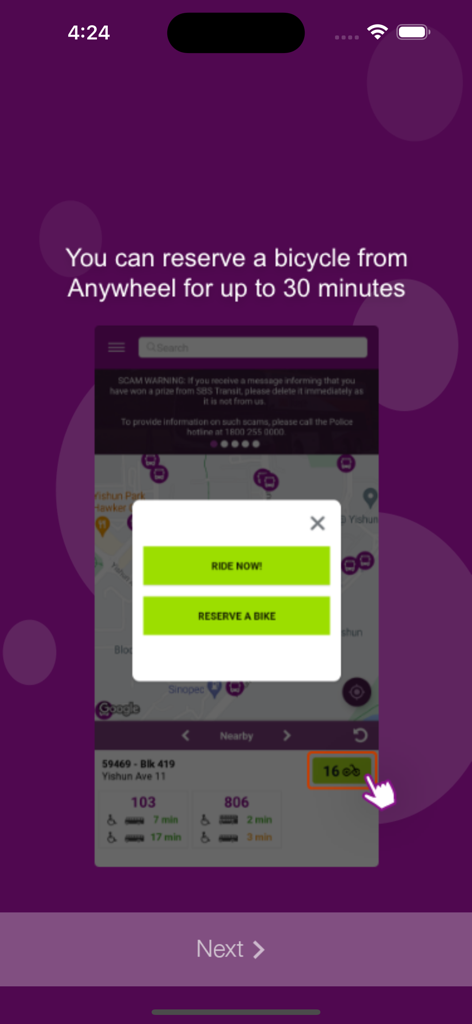 SBS Transit - SBS Transit app screen showing how to reserve a bicycle from Anywheel with options to ride now or reserve a bike