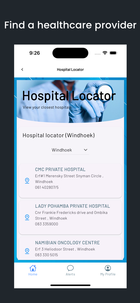 Namibia Medical Care app hospital locator screen showing a list of healthcare providers in Windhoek