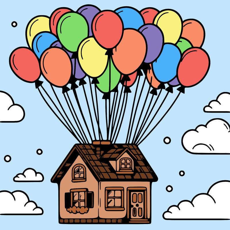house floating from lots of balloons