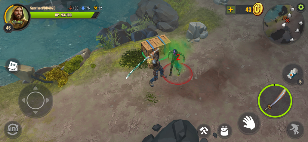 Days After: Zombie Survival - Isometric gameplay showing a survivor fighting a glowing green zombie with a katana near a wooden crate.