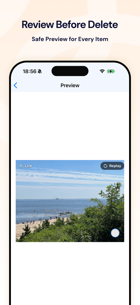 Interfaz de la aplicación CleanGo que muestra una vista previa de foto a pantalla completa para una eliminación segura