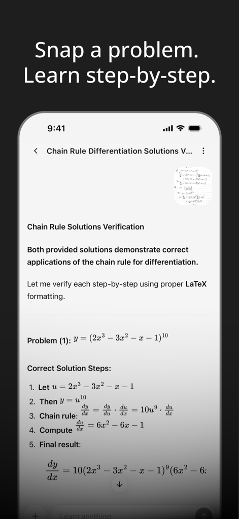 YouLearn app screen showing a step by step solution for a calculus chain rule problem