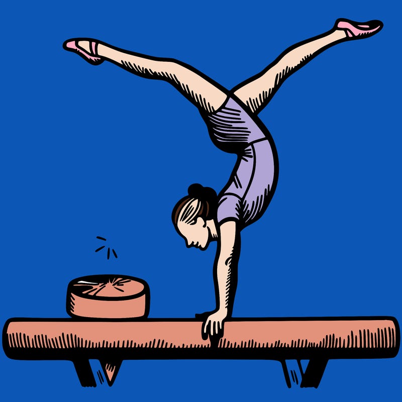 female gymnast, doing acrobatic handstand on balance beam
