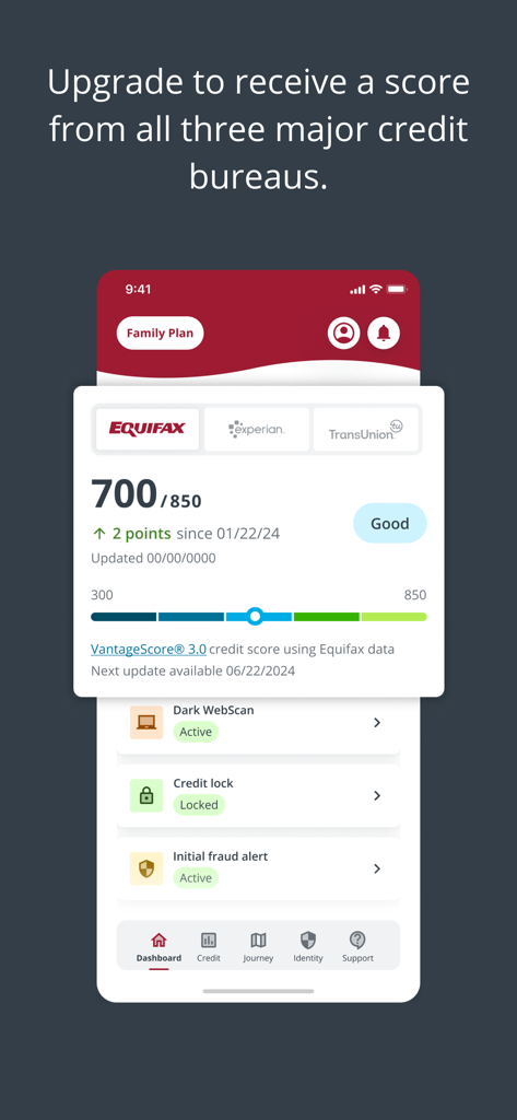 myEquifax mobile app dashboard showing a 700 credit score and three bureau logos.