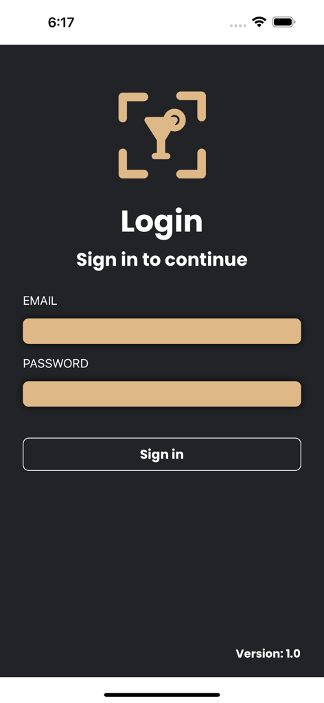 Barventory app login page featuring email and password input fields on a dark theme