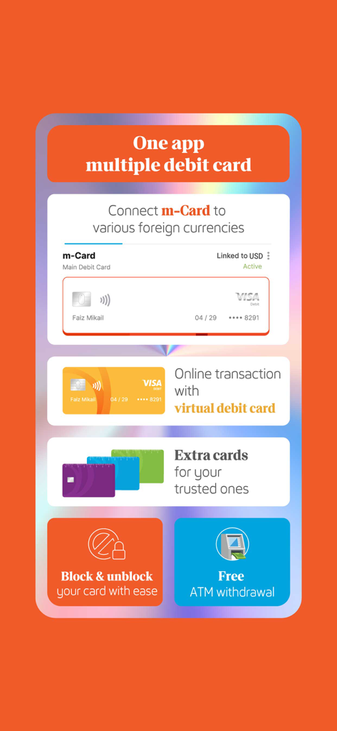 Jenius app screen featuring multi-currency m-Card virtual debit cards and security controls