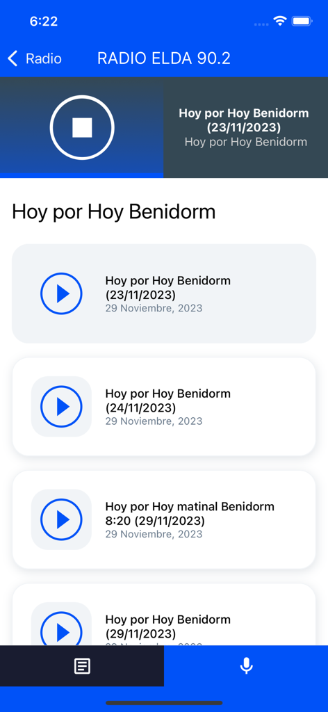 Interfaccia dell'app Radio Elda con un elenco di programmi di notizie locali registrati