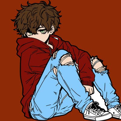 a male hoddie ripped jeans messy hair anime