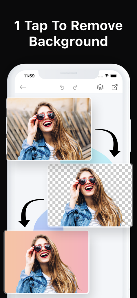 Poster Maker + Flyer Creator - La función de eliminador de fondo en un toque que muestra una foto de una mujer con su fondo eliminado y reemplazado