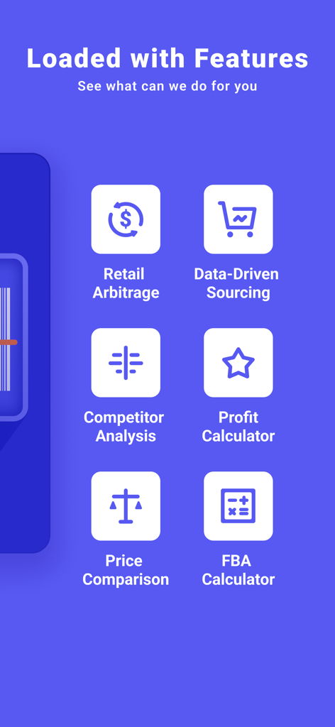 Caratteristiche principali dell'app Scansione Codice a Barre che includono ricerca basata sui dati per l'arbitraggio al dettaglio, analisi dei concorrenti, calcolatore di profitto, confronto prezzi e calcolatore FBA