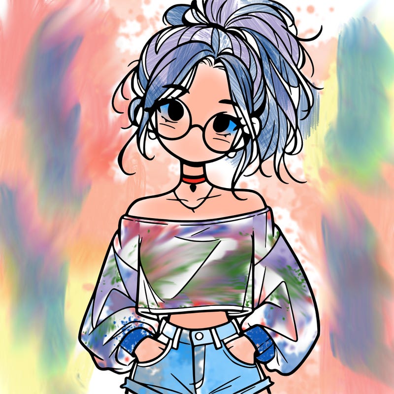 girl with a messy ponytail glasses a baggy crop top and jean shorts