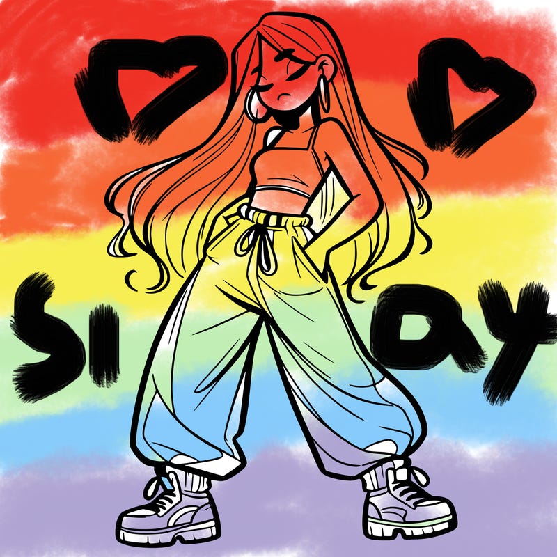 girl in baggy pants crop top and long hair