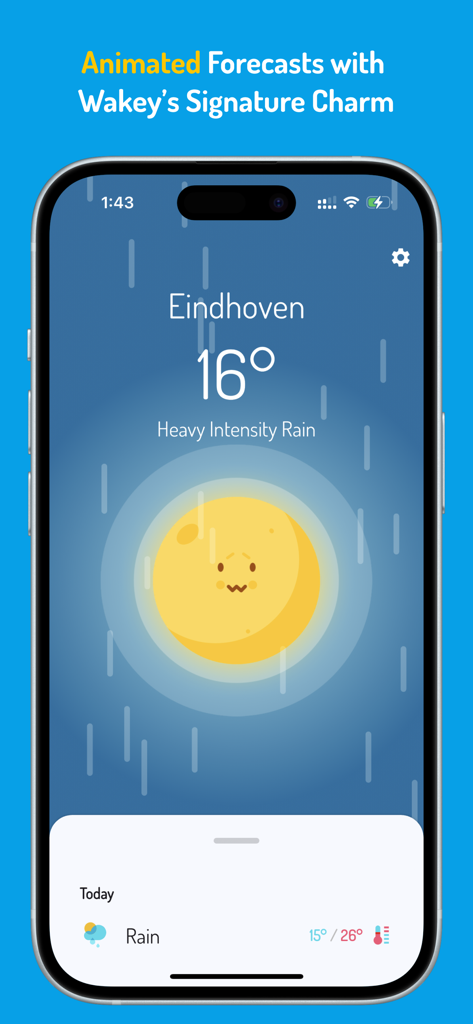 Cloudy - Cute Weather App - Cloudy weather app interface showing a heavy rain forecast with a cute kawaii sun character.