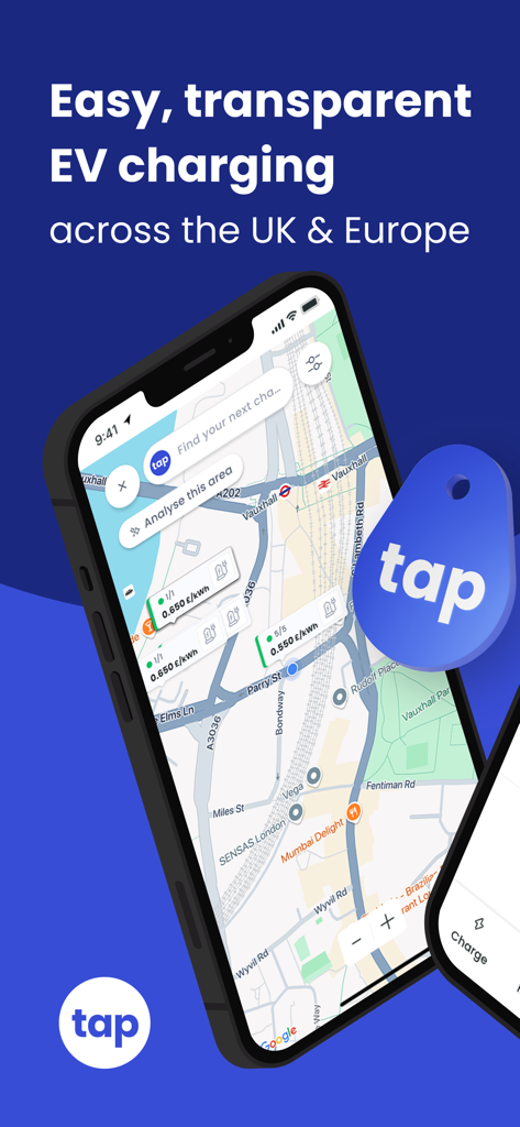 Tap Electric app interface showing a map of EV charging stations with transparent pricing per kWh in the UK and Europe.