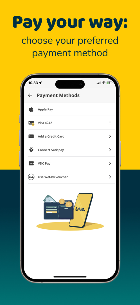 Écran de l'application Wetaxi montrant diverses options de paiement, y compris Apple Pay et les cartes de crédit