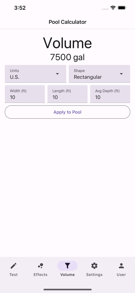 Pool-Calculator - Interface of the Pool-Calculator app showing the pool volume calculation for a rectangular shape with 7500 gallons
