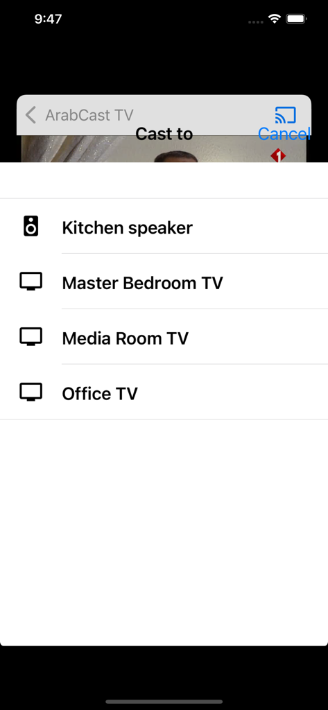 ArabCast - ArabCast app screen showing a list of available devices like smart TVs and speakers to cast live Arabic television content