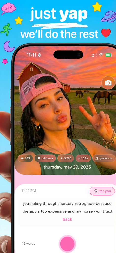 yap: dream astrology journal - The yap app interface featuring a video journal entry with astrology signs, sleep data, and a personal mood diary.