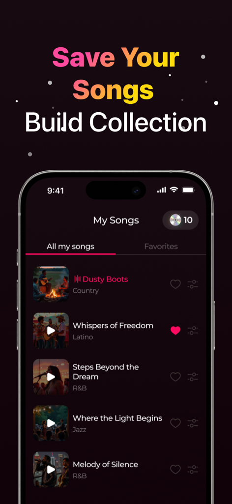 Harmo: Generator Music Song AI - Harmo app library screen displaying a collection of AI-generated songs with play buttons and genre labels