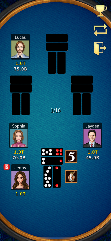 Pai Gow (Deluxe) - Un plateau de jeu Pai Gow numérique avec des tuiles chinoises et quatre avatars de joueurs