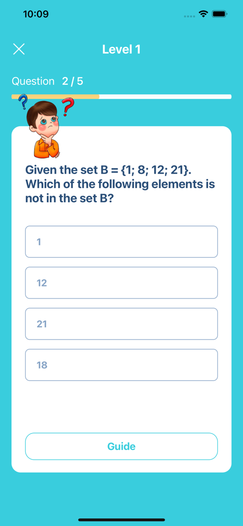 6th grade learning games - Educational math game screenshot showing a question about set elements for 6th-grade students.